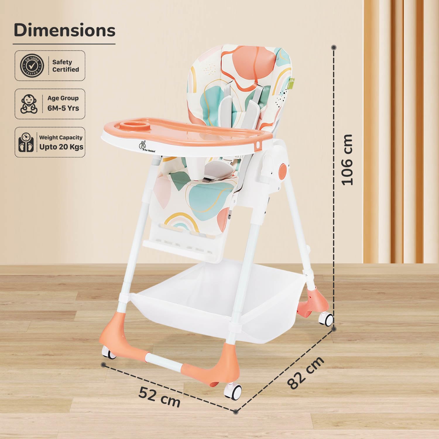 White and grey Marshmallow Lite baby high chair with 6 adjustable height levels, comfortable and secure for infant feeding, featuring a playful bear motif. www.usmile,toys